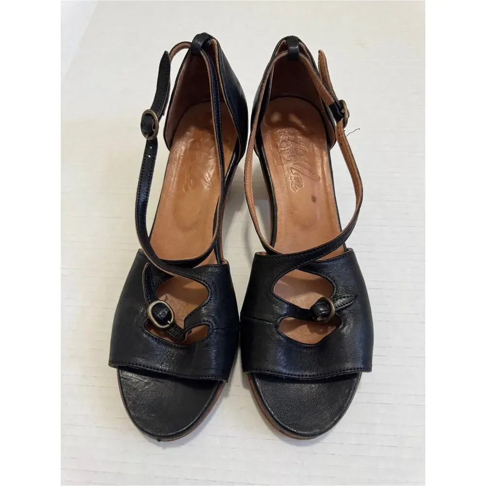 Pepe Monjo Argila Black Leather Strappy Platform Heels Womens 7.5 Boho Classic